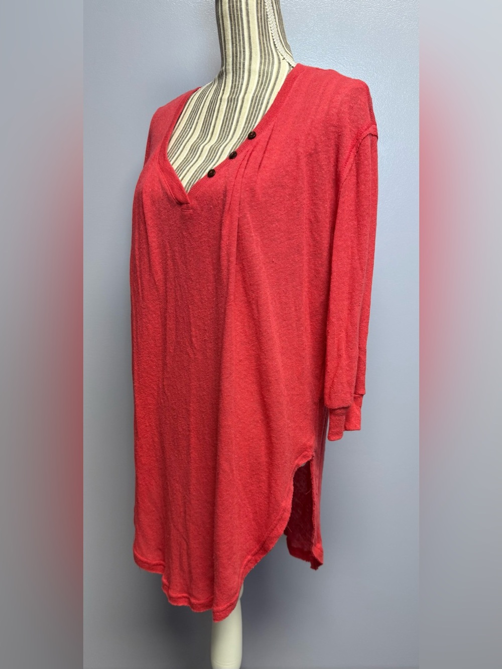 Free People Beach Coral V-Neck hemp org cotton Tunic with Button Detail XS